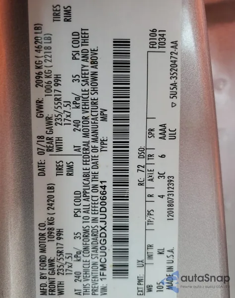 2018 Ford Escape Se from USA, damaged, VIN 1FMCU0GDXJUD06641